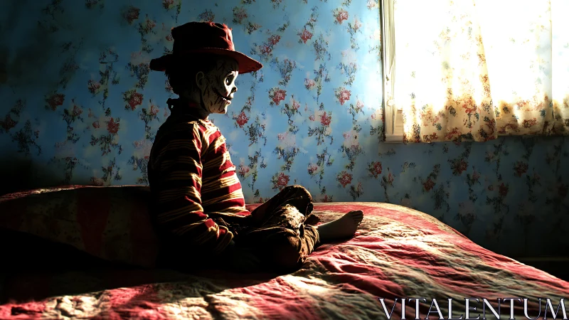 Side-lit dummy figure sits on patterned bed in floral room