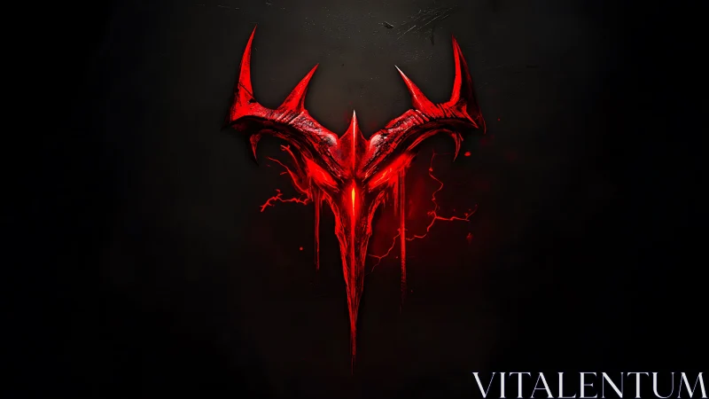 Demonic red emblem bleeds from darkness in fiery glow.
