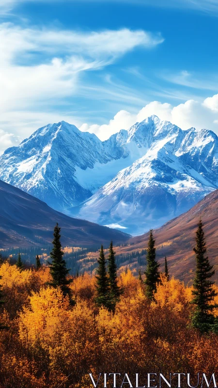 Snowy mountain range above bright autumn forest valley.