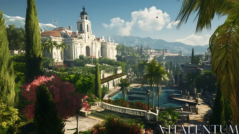 Sunlit Mediterranean estate overlooks ornate garden pools.