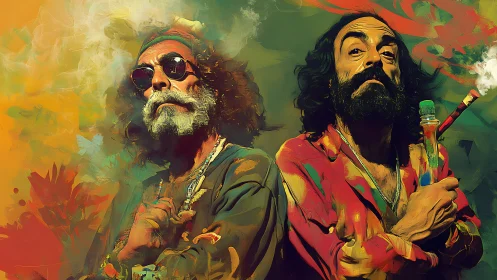 Two bohemian men in colorful smoke filled portrait.
