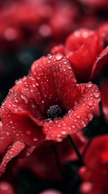 Crimson petals suspended with crystalline water droplets in macro detail.