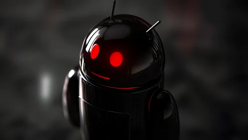 Gleaming black android with ominous red glowing eyes.