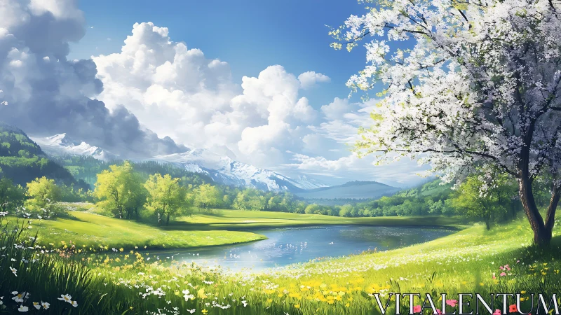 Spring meadow landscape with lake and distant mountains.