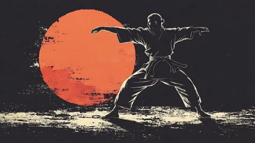 Martial artist poised in sunset-strengthened stillness.
