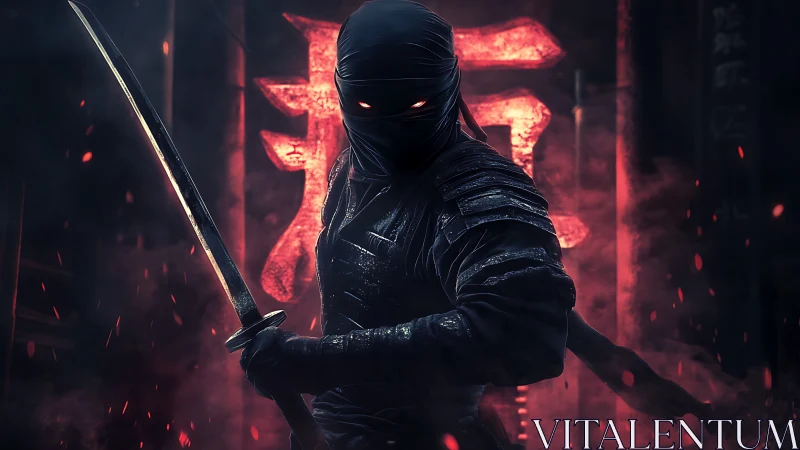 Digital painting of armored ninja swordsman in neon backlight.
