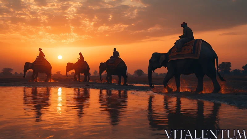 Elephants cross a glowing river at tranquil orange sunset