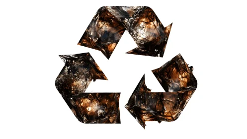 Abstract recycle symbol with dark textured design on white background.