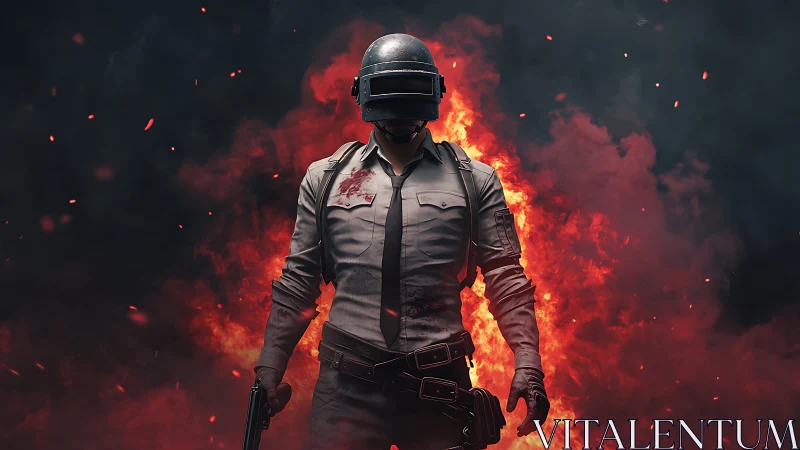 Helmeted soldier figure before dense fire plume background.