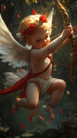 Digital painting of luminous cupid archer in forest chiaroscuro.