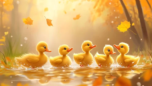 Golden duckling parade in glowing autumn shallows.
