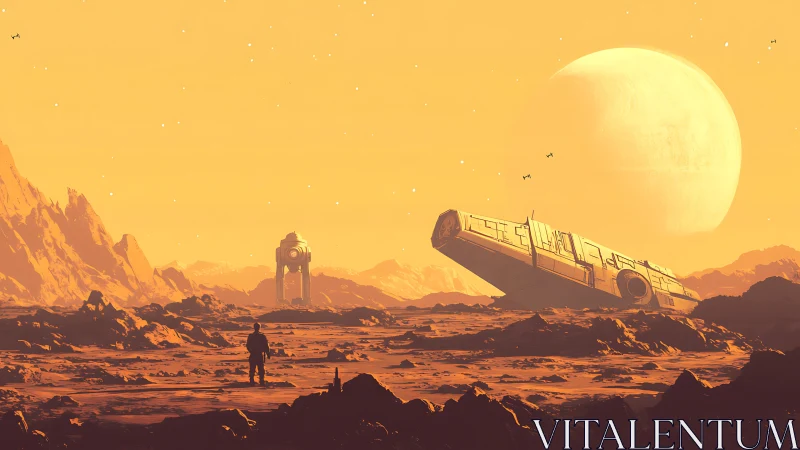 Stranded explorer studies crashed starship on barren planet