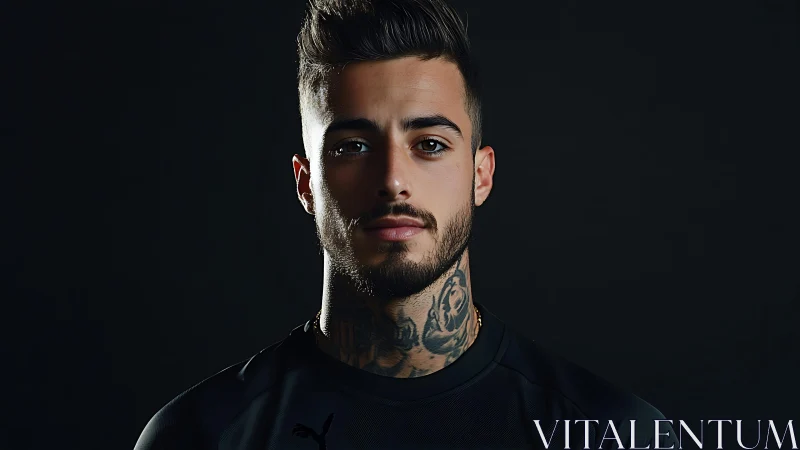 Studio portrait shows tattooed man in controlled lighting