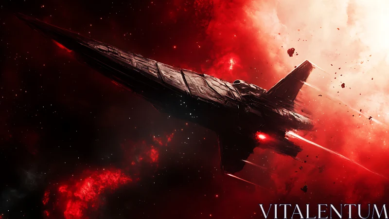 Crimson warship knifes through burning nebula stormscape.