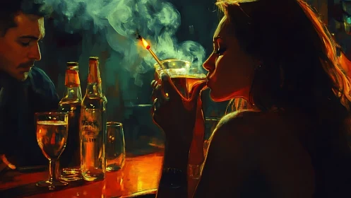 Low key bar interior with smoking woman and reflective glassware.