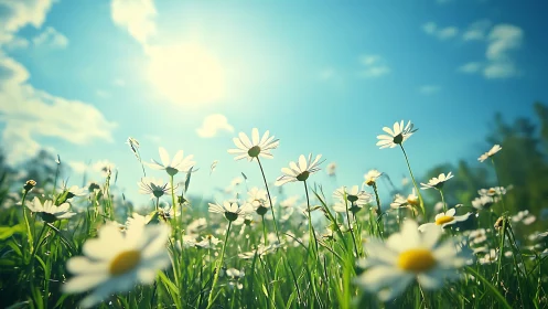 Low-angle view of blooming daisies under clear daylight sky.