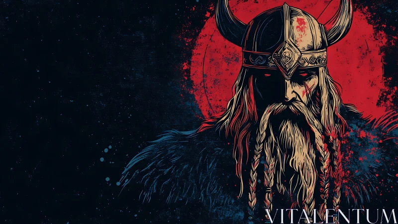 Blood-red moon crowns the brooding horned Viking warlord