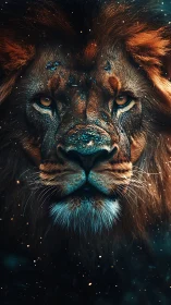 Fiery cosmic lion portrait radiates power in glowing dusk