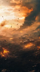 Armored silhouettes crawl through a burning dusk wasteland.