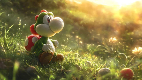 Plush dino daydreams in golden meadow glow at sunset.