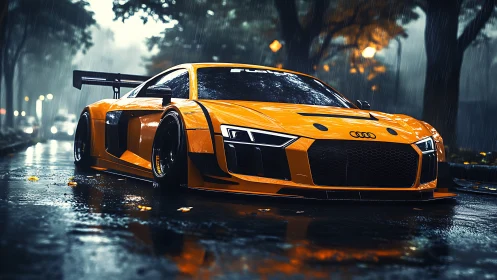 Aerodynamic GT racer in rain-soaked urban streetscape at dusk.