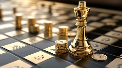 Golden chess king and stacked coins on metallic board.