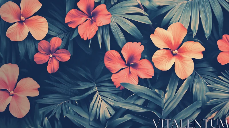 Coral hibiscus blooms layered against deep indigo tropical foliage.