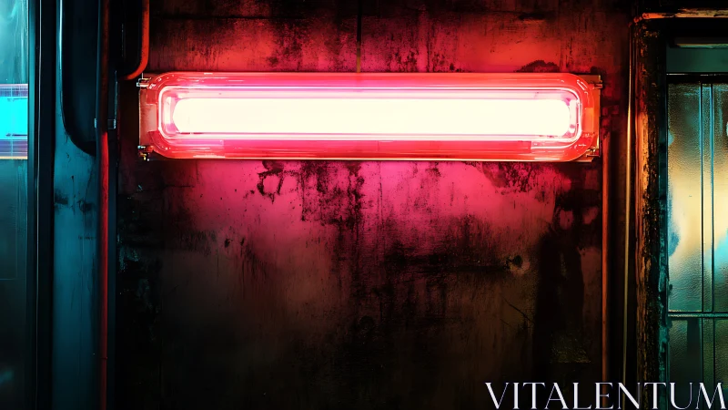 Neon light bar glowing over distressed urban wall.