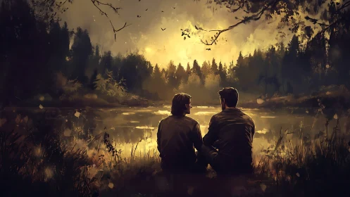 Two figures observe golden-lit forest lake at dusk
