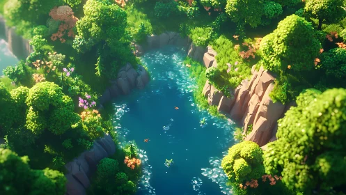 Aerial stylized river canyon with lush low poly vegetation.