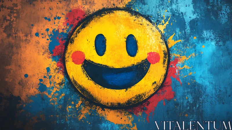 Bold grunge smiley face over blue orange paint splashes.