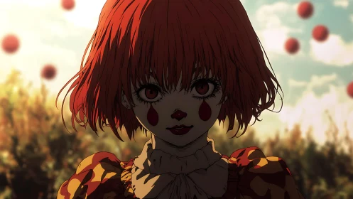 Crimson clown girl gazes boldly from a dreamy autumn field