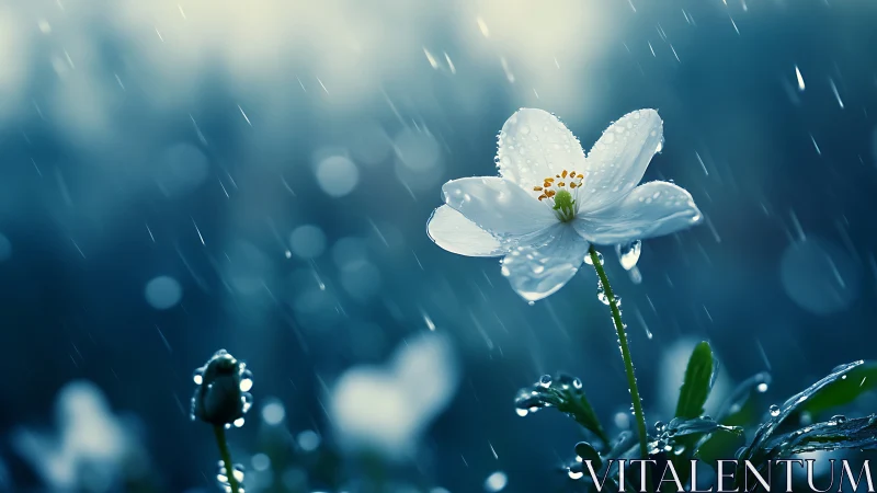 Delicate White Bloom Dances in the Gentle Rain