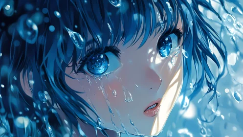 Blue haired anime girl under cascading water gazes upward
