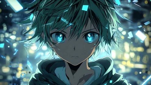 Blue eyed anime boy in glowing city with digital shards.