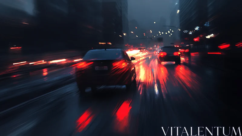 Rainy city traffic glows with rushing red and golden lights