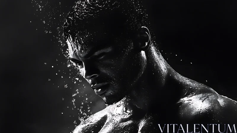 Glistening athlete in quiet black and white determination.