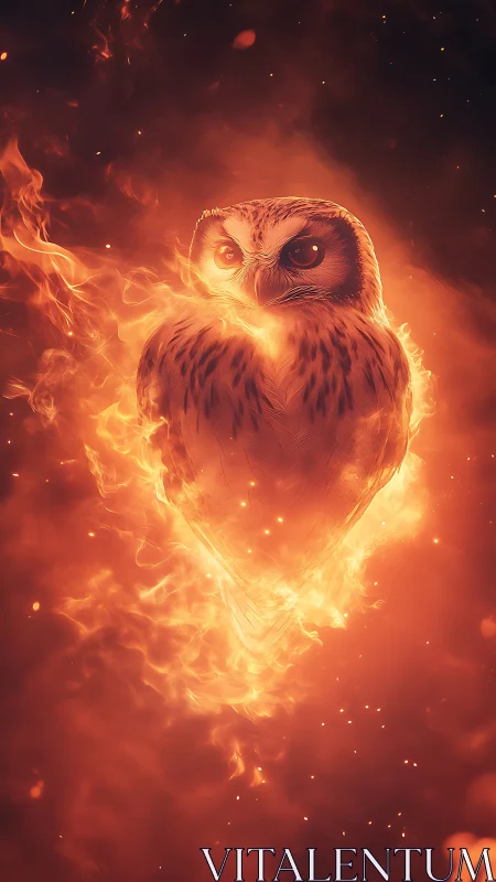 Fiery owl silhouette emerges from swirling orange flames