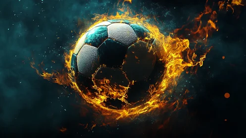 Burning soccer ball streaks through dark smoky space