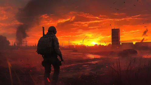 Lone wanderer walks toward a burning sunset over ruined city