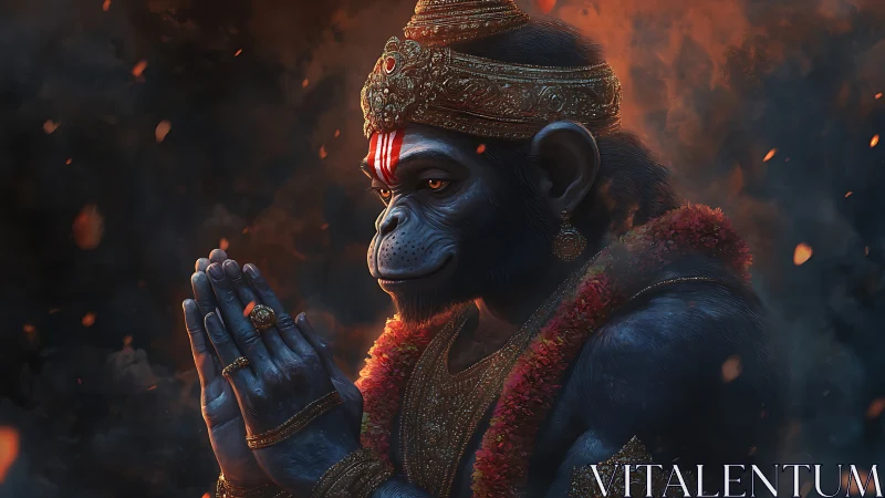 Divine blue simian deity bows amid glowing embers.