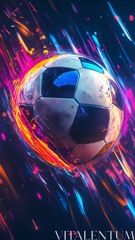 Electric soccer ball racing through neon streaks of color.