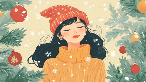 Woman in winter clothing stands among decorated fir branches