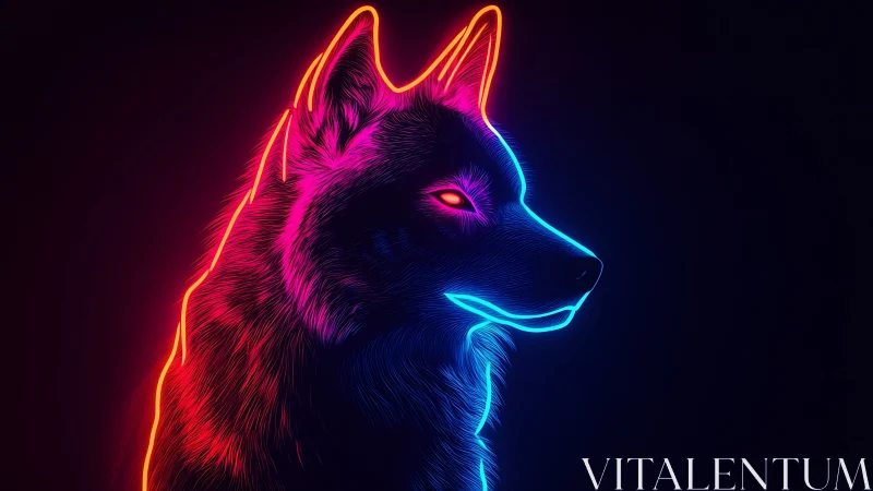 Neon outlined wolf profile in vivid blue and magenta light.