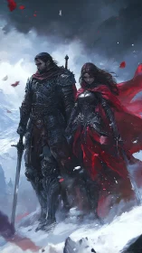 Armored warriors stride through stormy red and white blizzard