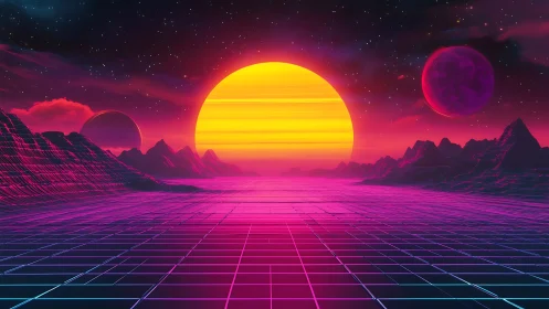 Neon grid horizon meets colossal retrofuturist sunscape.
