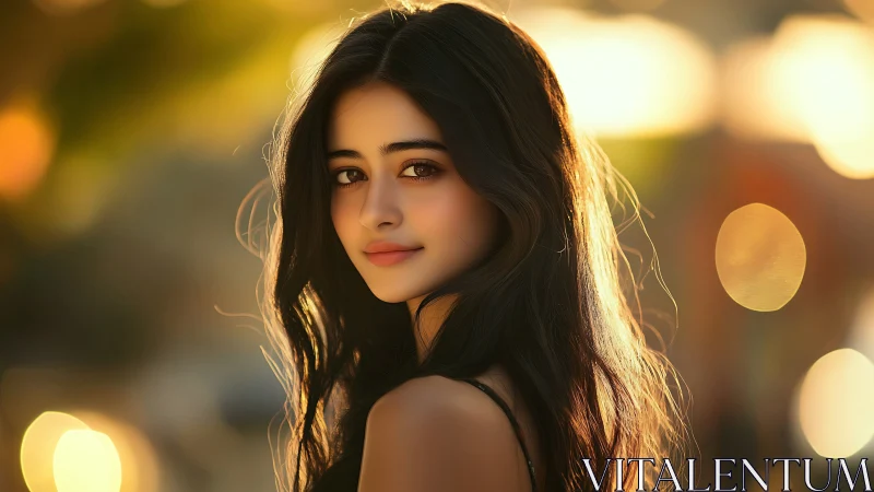 Sunlit gaze of a serene woman in golden bokeh glow.