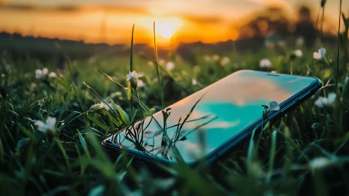 Smartphone lying in grass under warm sunset light.