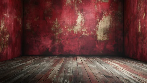 Textured red studio interior with distressed wood floorboards.