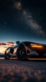 Midnight hypercar prowls beneath a glittering galactic sky.